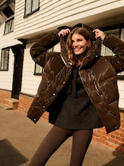 Chocolate Brown High Shine Shower Resistant Padded Coat - Image 1 of 7