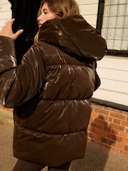 Chocolate Brown High Shine Shower Resistant Padded Coat - Image 2 of 7