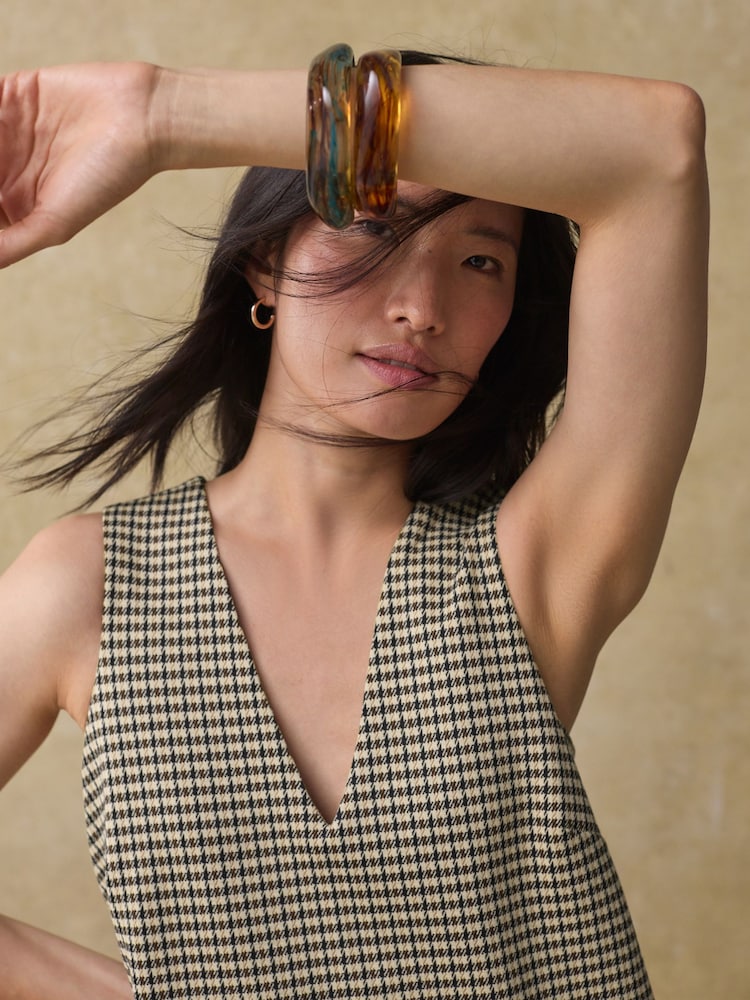 Brown Check V-Neck Ponte Pinafore Mini Dress - Image 3 of 8