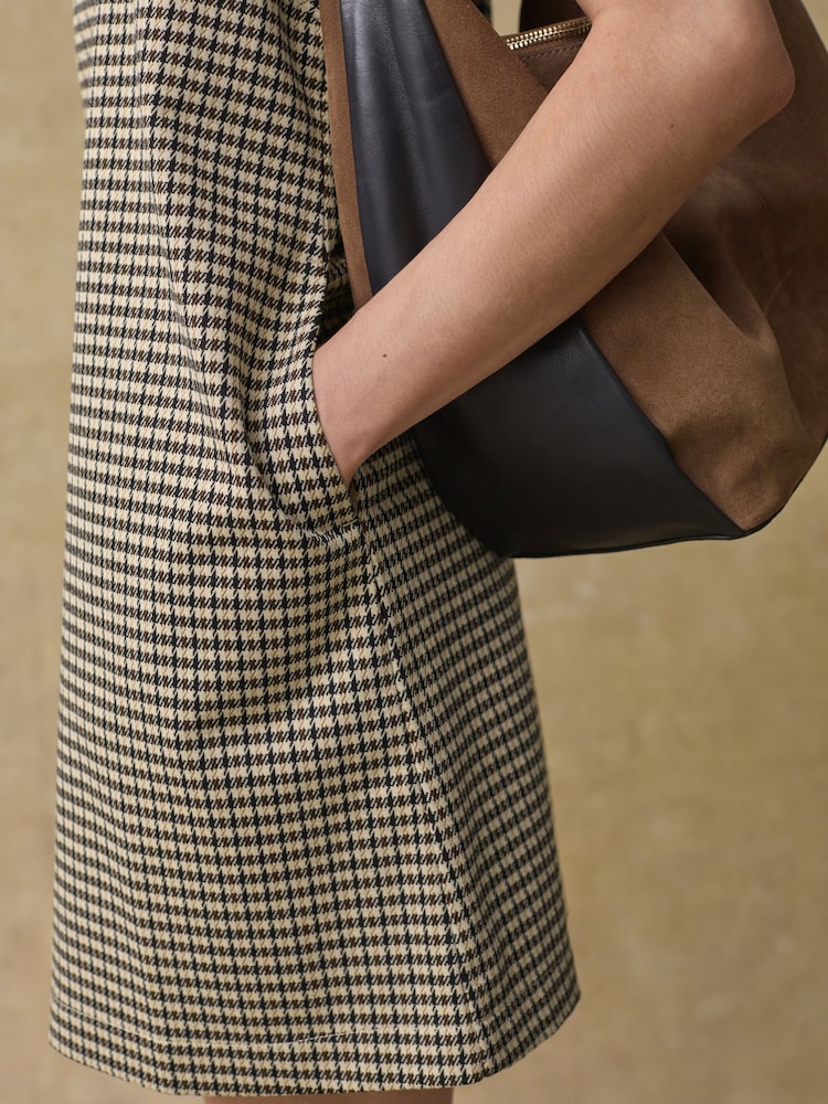 Brown Check V-Neck Ponte Pinafore Mini Dress - Image 4 of 8