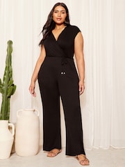 Friends Like These Black Curve Jersey Wide Leg Wrap Style V Neck Summer Jumpsuit - Image 1 of 4