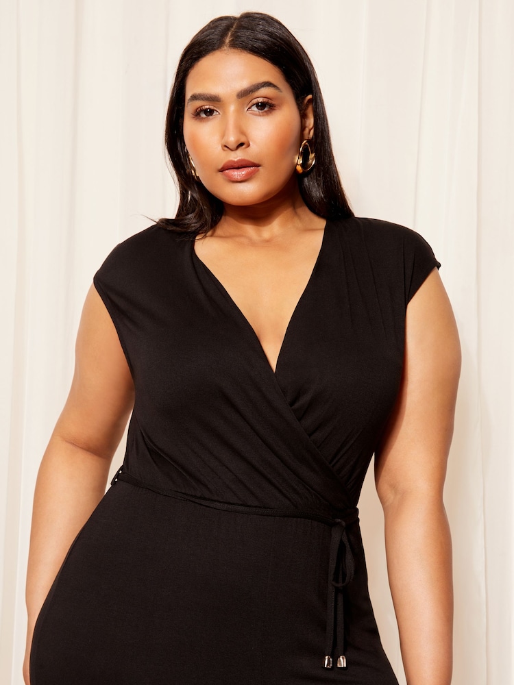 Friends Like These Black Curve Jersey Wide Leg Wrap Style V Neck Summer Jumpsuit - Image 2 of 4
