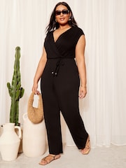 Friends Like These Black Curve Jersey Wide Leg Wrap Style V Neck Summer Jumpsuit - Image 3 of 4