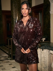 Chocolate Brown Rochelle Long Sleeve Sequin Collar Mini Dress - Image 1 of 6