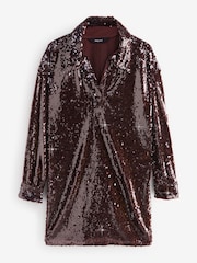 Chocolate Brown Rochelle Long Sleeve Sequin Collar Mini Dress - Image 4 of 6