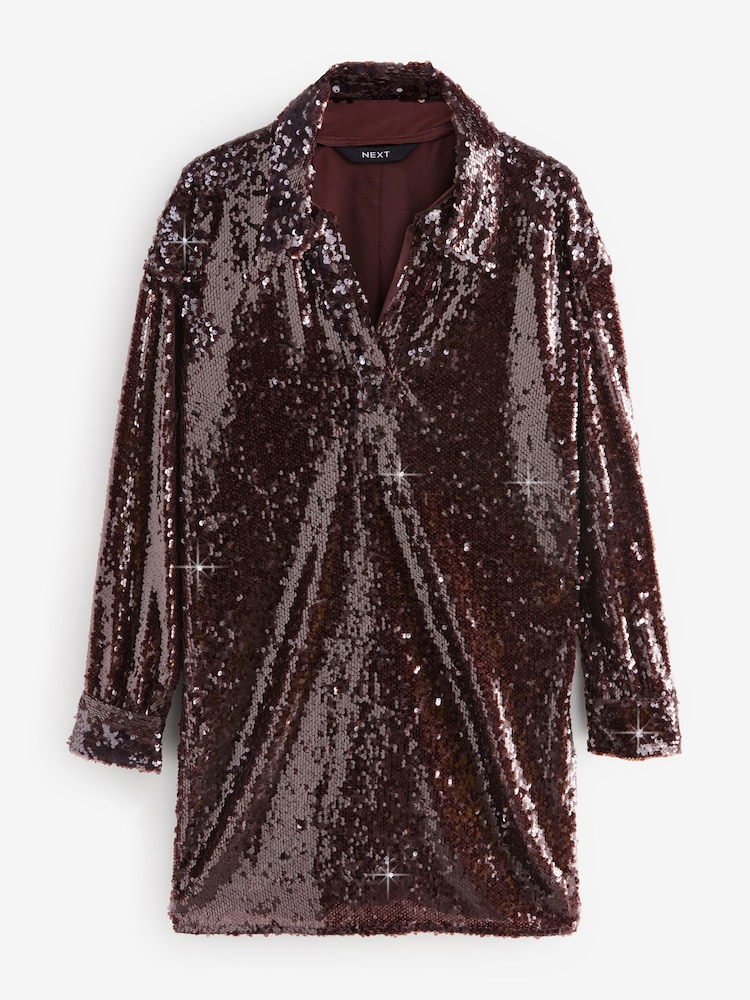 Chocolate Brown Rochelle Long Sleeve Sequin Collar Mini Dress - Image 4 of 6