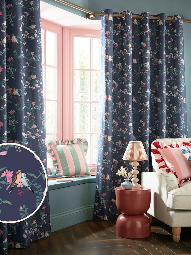Cath Kidston Night Shadow Blue Paper Birds Blackout Eyelet Curtains - Image 1 of 2