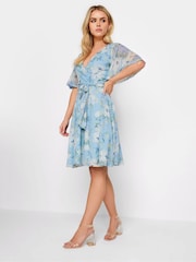 PixieGirl Petite Blue Floral Print Mesh Wrap Dress - Image 1 of 5