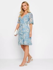 PixieGirl Petite Blue Floral Print Mesh Wrap Dress - Image 2 of 5