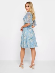 PixieGirl Petite Blue Floral Print Mesh Wrap Dress - Image 3 of 5