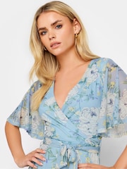 PixieGirl Petite Blue Floral Print Mesh Wrap Dress - Image 4 of 5