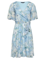 PixieGirl Petite Blue Floral Print Mesh Wrap Dress - Image 5 of 5