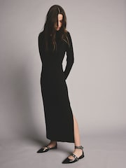 Black Long Sleeve Slinky Slash Neck Dress - Image 2 of 9
