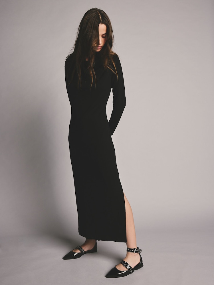 Black Long Sleeve Slinky Slash Neck Dress - Image 2 of 9