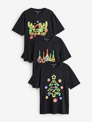 Black 100% Cotton Christmas Neon T-Shirts 3 Pack - Image 1 of 12