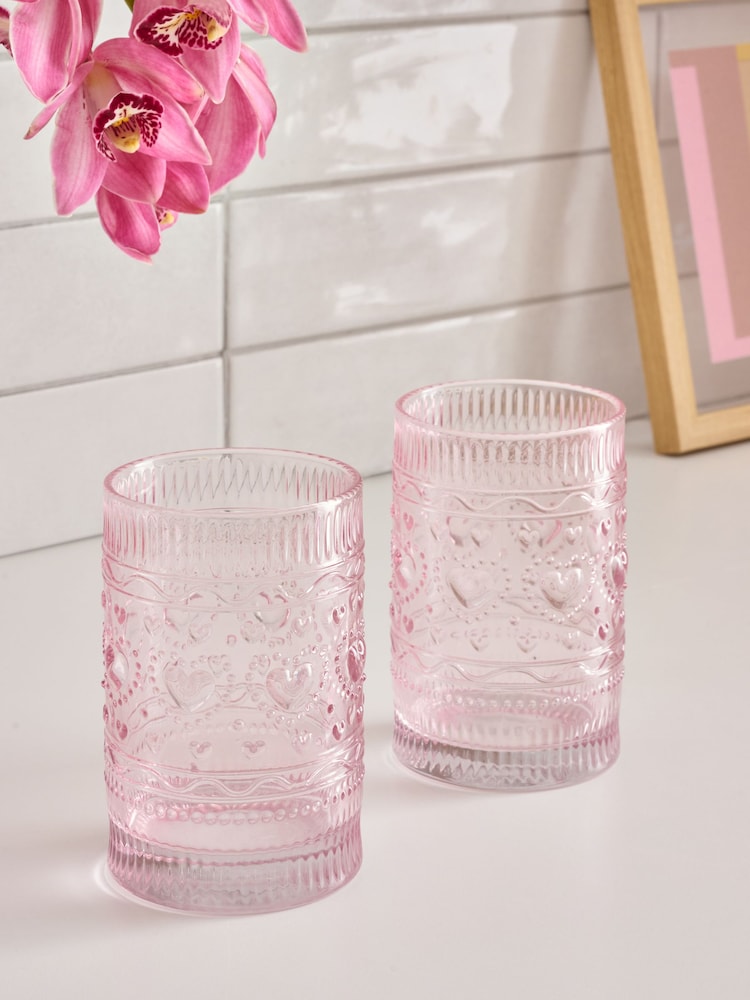 Set of 2 Pink Heart Pressed Tumbler Glasses - Image 2 of 4