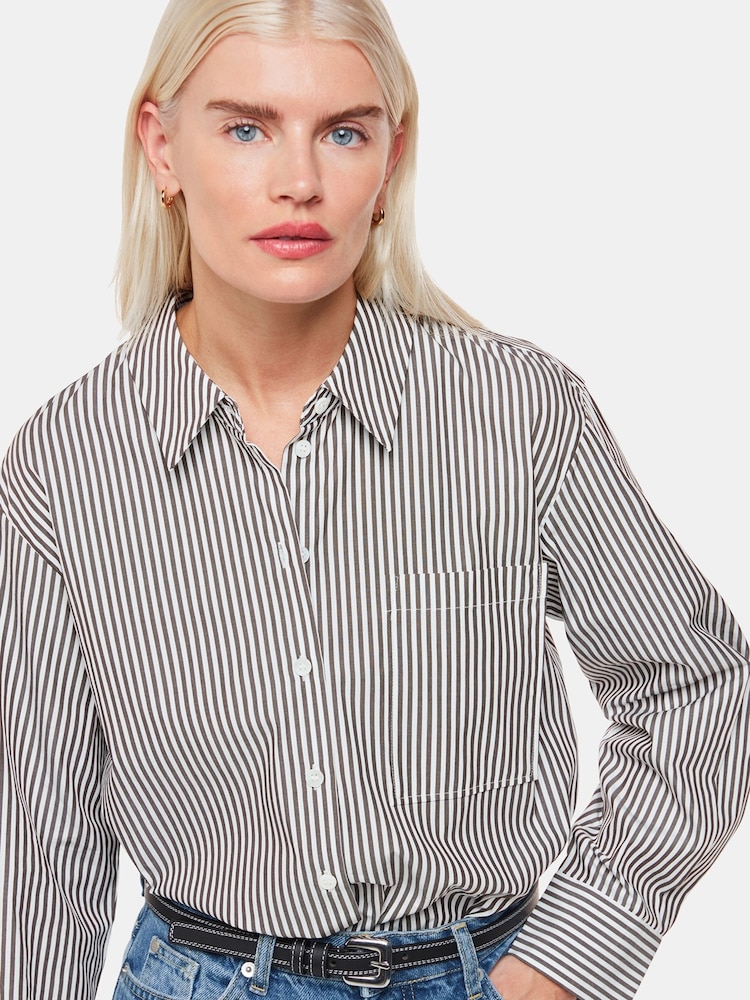 Whistles Black Petite Relaxed Fit 100% Cotton Stripe Shirt - Image 1 of 5
