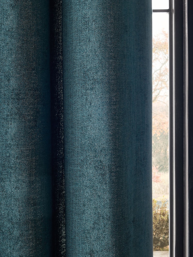 Teal Blue Matte Chenille Lined Eyelet Curtains - Image 3 of 4
