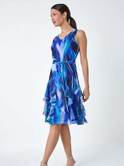Roman Blue Abstract Print Frill Detail Dress - Image 1 of 5