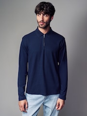 Navy Blue Long Sleeve Textured Quarter Zip Polo Shirt - Image 1 of 7