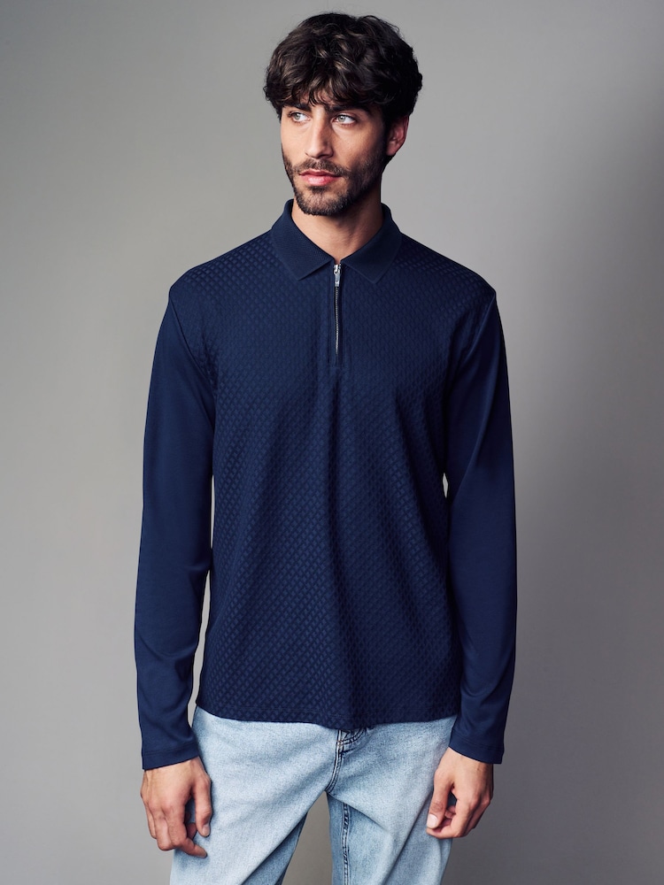 Navy Blue Long Sleeve Textured Quarter Zip Polo Shirt - Image 1 of 7