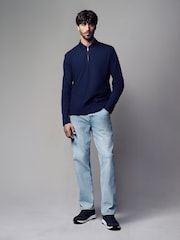Navy Blue Long Sleeve Textured Quarter Zip Polo Shirt - Image 2 of 7