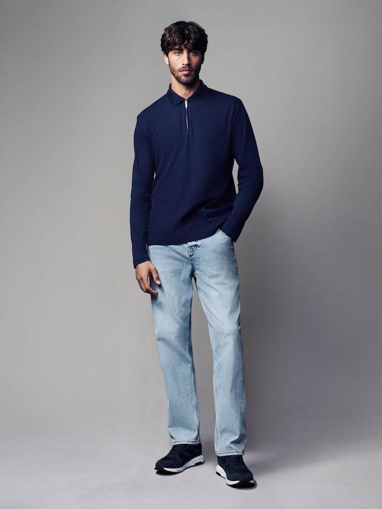 Navy Blue Long Sleeve Textured Quarter Zip Polo Shirt - Image 2 of 7