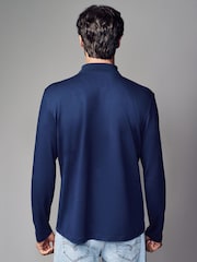 Navy Blue Long Sleeve Textured Quarter Zip Polo Shirt - Image 3 of 7
