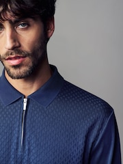 Navy Blue Long Sleeve Textured Quarter Zip Polo Shirt - Image 4 of 7