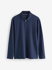 Navy Blue Long Sleeve Textured Quarter Zip Polo Shirt - Image 5 of 7
