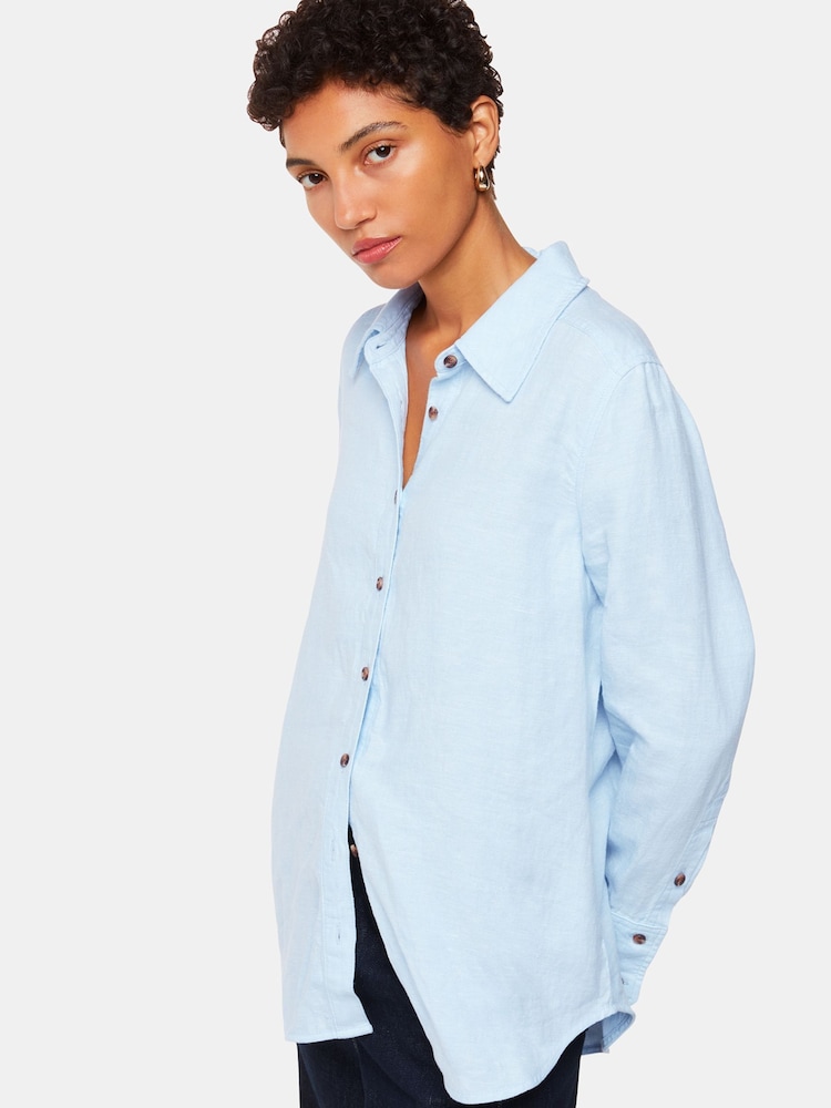 Whistles Petite Blue Linen Relaxed Fit Shirt - Image 1 of 5