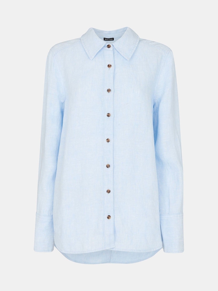Whistles Petite Blue Linen Relaxed Fit Shirt - Image 5 of 5