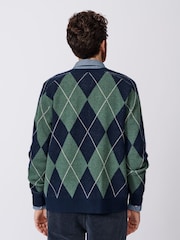 Aubin Navy Claythorpe Argyle Wool Cardigan - Image 2 of 8