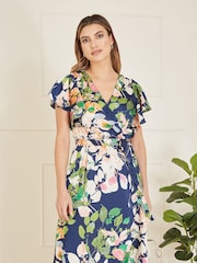 Mela Blue Floral Satin Wrap Over Midi Dress With Frill Sleeve - Image 2 of 5