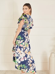Mela Blue Floral Satin Wrap Over Midi Dress With Frill Sleeve - Image 4 of 5
