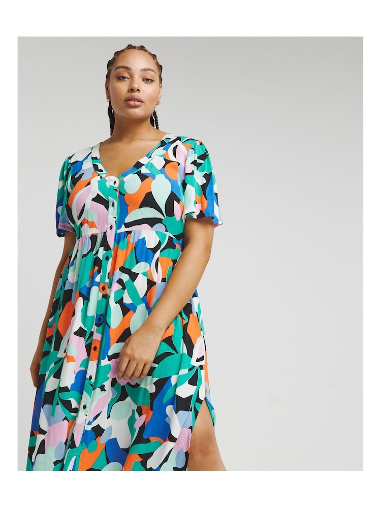 Simply Be Black Multi Print Crinkle Button Through Maxi Dress - Image 1 of 4