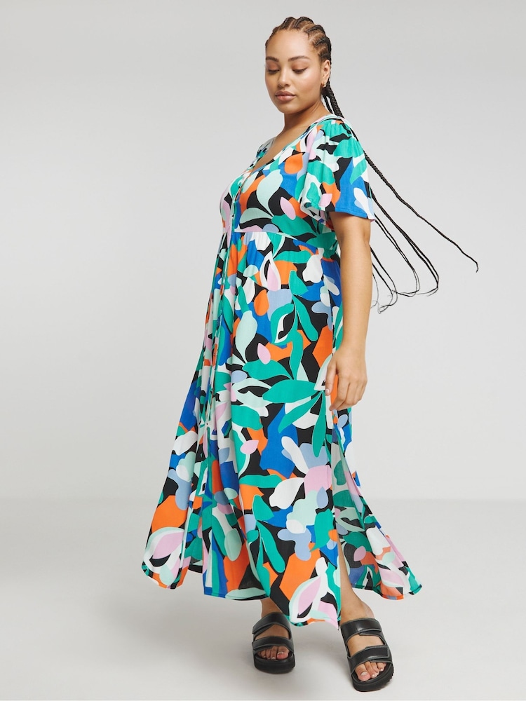 Simply Be Black Multi Print Crinkle Button Through Maxi Dress - Image 2 of 4