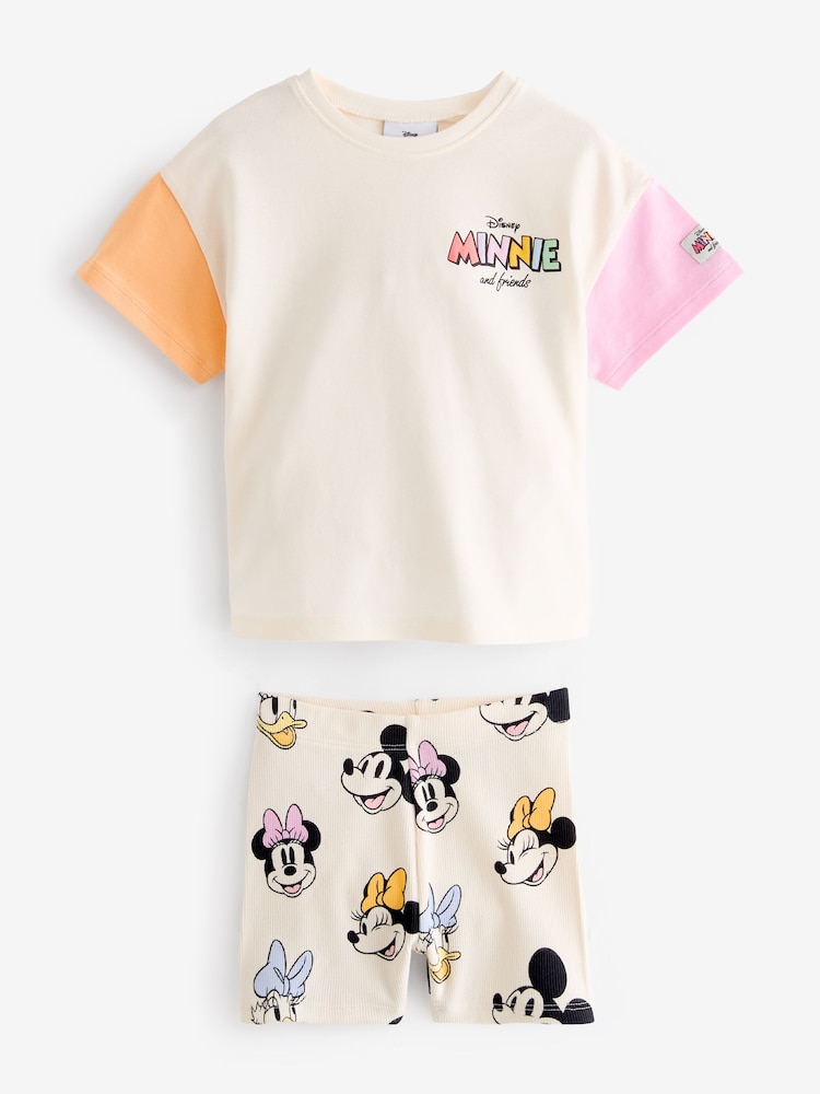 Cream Disney Minnie Mouse 100% Cotton T-Shirt and Cycle Shorts Set (3mths-7yrs) - Image 1 of 4