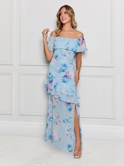 Sistaglam Blue Bardot Floaty Floral Maxi Dress With Front Split - Image 1 of 5