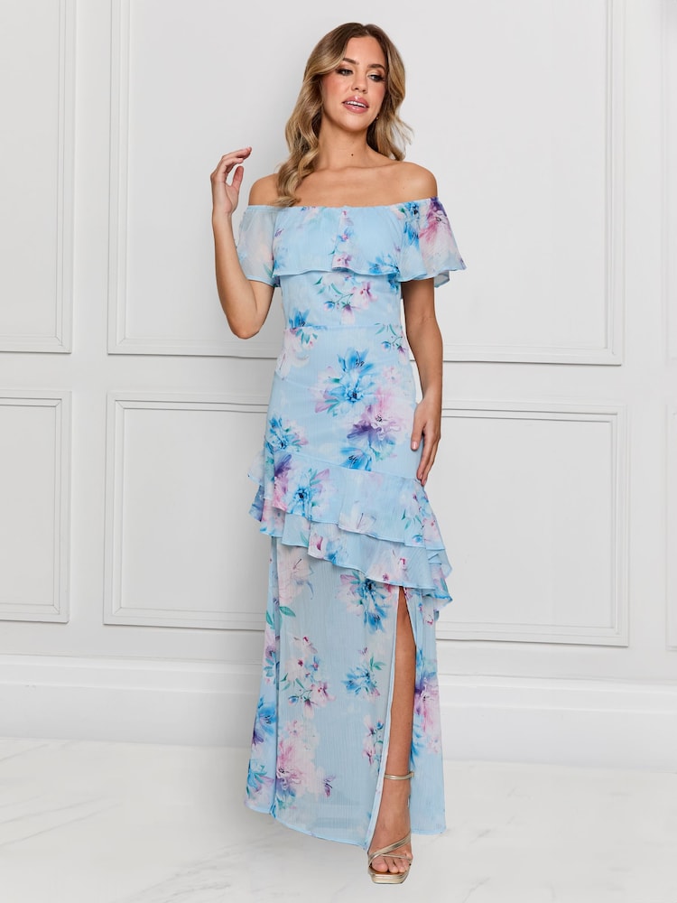 Sistaglam Blue Bardot Floaty Floral Maxi Dress With Front Split - Image 2 of 5