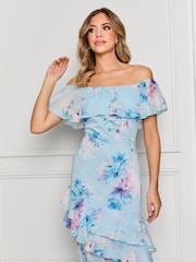 Sistaglam Blue Bardot Floaty Floral Maxi Dress With Front Split - Image 3 of 5