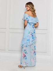 Sistaglam Blue Bardot Floaty Floral Maxi Dress With Front Split - Image 4 of 5