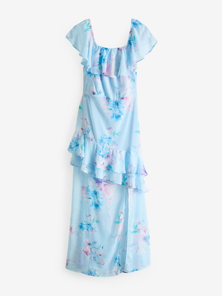 Sistaglam Blue Bardot Floaty Floral Maxi Dress With Front Split - Image 5 of 5