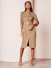 Lipsy Camel Suedette Collarless 3/4 Sleeve Belted Shirt Dress - Image 1 of 4