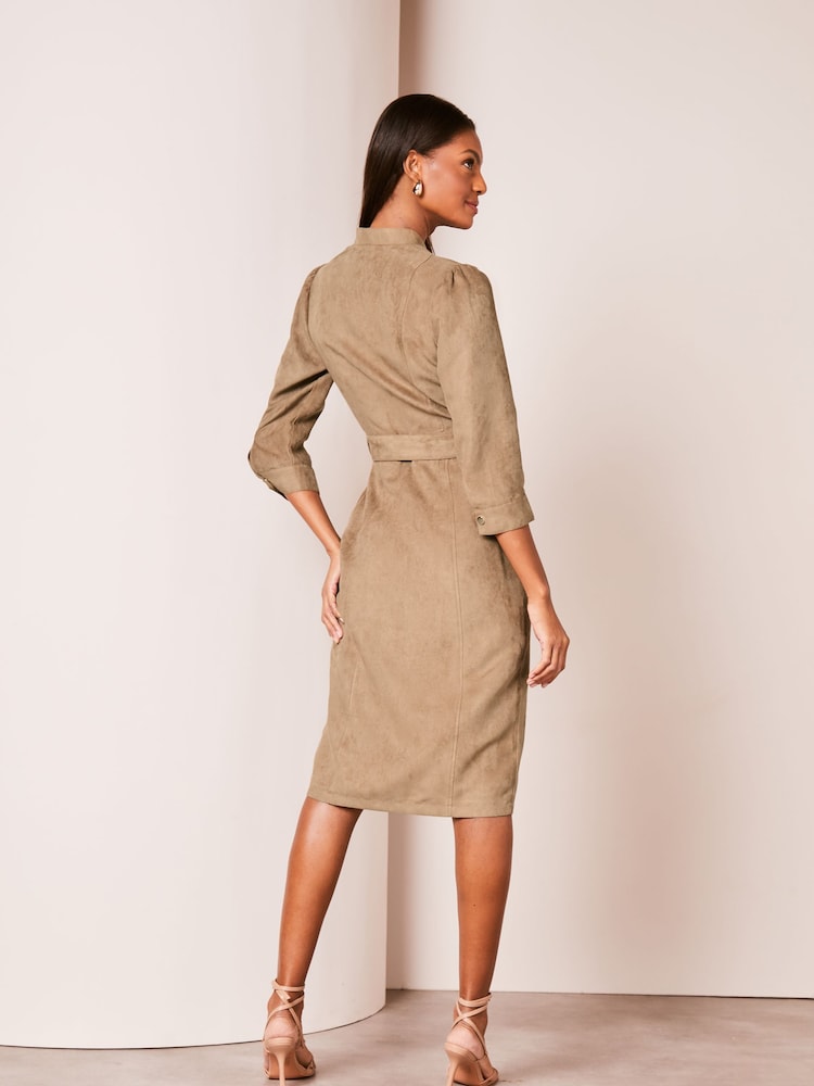 Lipsy Camel Suedette Collarless 3/4 Sleeve Belted Shirt Dress - Image 2 of 4