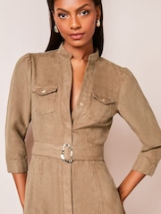 Lipsy Camel Suedette Collarless 3/4 Sleeve Belted Shirt Dress - Image 3 of 4