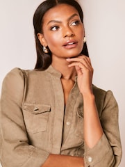 Lipsy Camel Suedette Collarless 3/4 Sleeve Belted Shirt Dress - Image 4 of 4