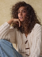 White Ecru Chunky Knit Button Front Cable Cardigan - Image 1 of 8