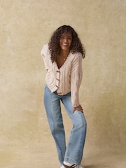White Ecru Chunky Knit Button Front Cable Cardigan - Image 2 of 8