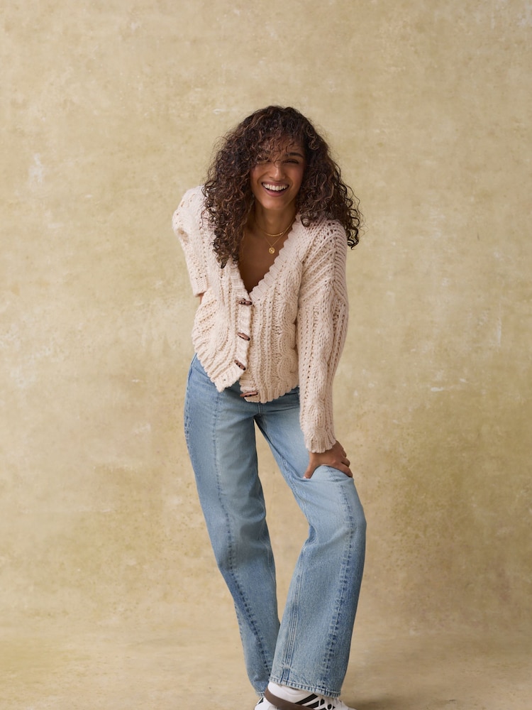 White Ecru Chunky Knit Button Front Cable Cardigan - Image 2 of 8